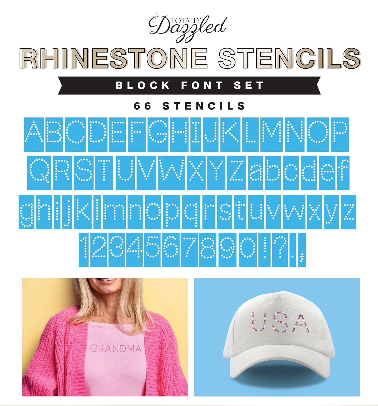 Block Font Rhinestone Stencil Set of 66 | Only $0.76 each