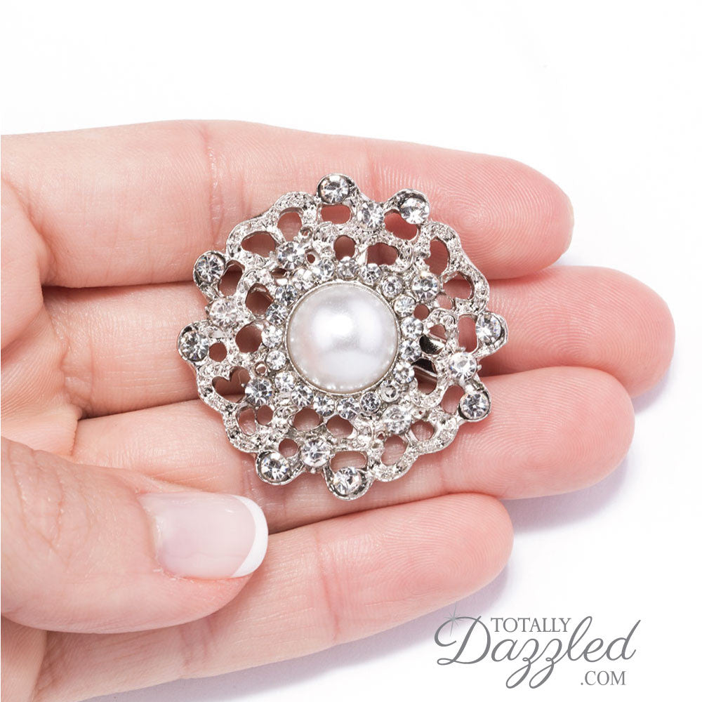 Pearl Brooch with Rhinestones in Silver - Totally Dazzled